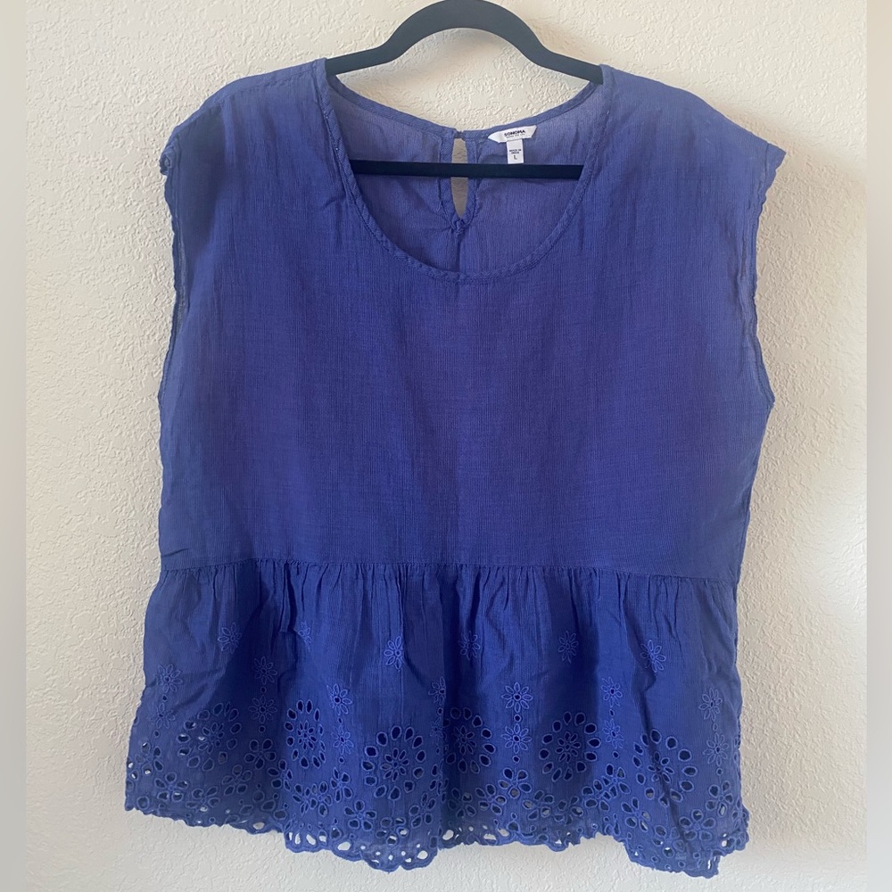 Sonoma Embroidered Lightweight Eyelet Blue Blouse, Size Large